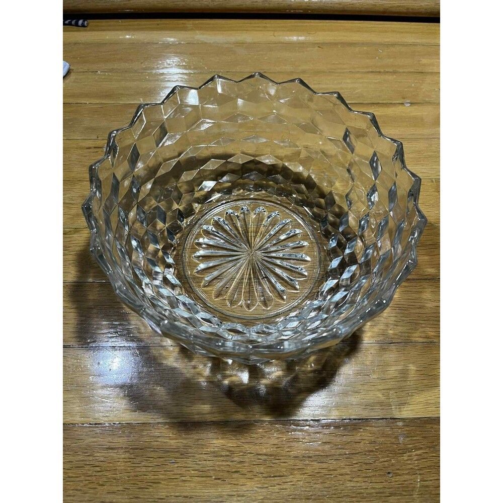 Vintage Pressed Glass Serving Bowl Diamond Block Pattern Starburst Base 9"